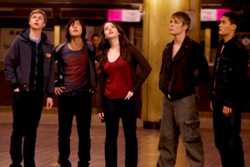 Michael Cera as Nick, Aaron Yoo as Thom, Kat Dennings as Norah, Jonathan B. Wright as Lethario and Rafi Gavron as Dev in "Nick and Norah's Infinite Playlist."