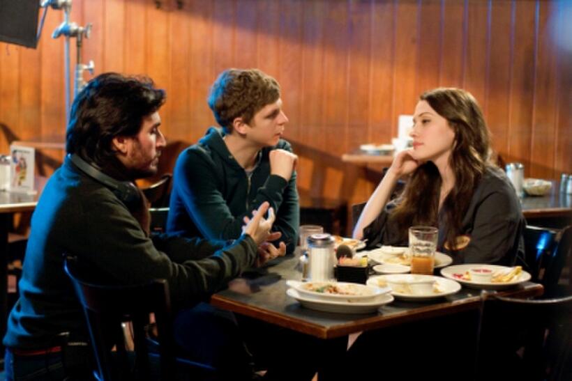 Director Peter Sollett, Michael Cera and Kat Dennings on the set of "Nick and Norah's Infinite Playlist."