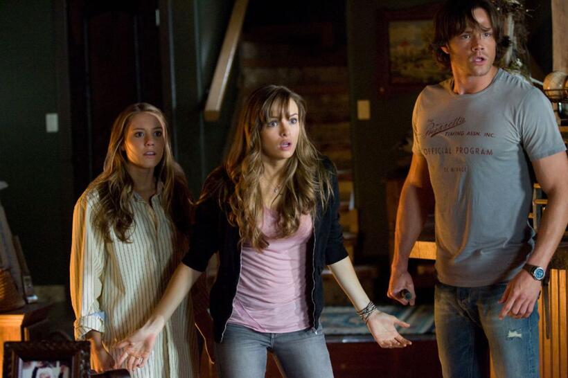 Julianna Guill as Bree, Danielle Panabaker as Jenna and Jared Padalecki as Clay in "Friday the 13th."