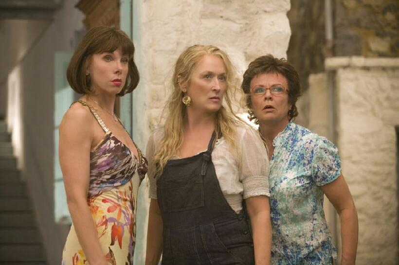 Christine Baranski as Tanya, Meryl Streep as Donna and Julie Walters as Rosie in "Mamma Mia!"