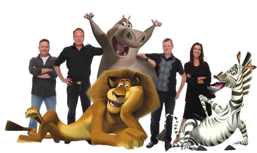 Directors Eric Darnell and Tom Mcgrath; Alex the lion (seated, as voiced by Ben Stiller); Gloria the hippo (standing, as voiced by Jada Pinkett Smith); Producers Mark Swift and Mireille Soria; and Marty the zebra (as voiced by Chris Rock) in "Madagascar: Escape 2 Africa."