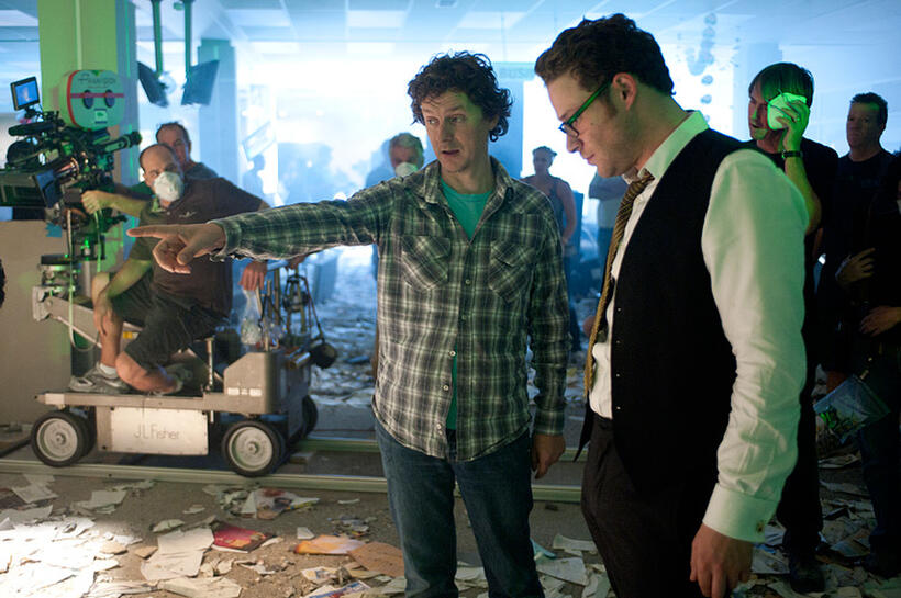 Director Michel Gondry and Seth Rogen on the set of "The Green Hornet."