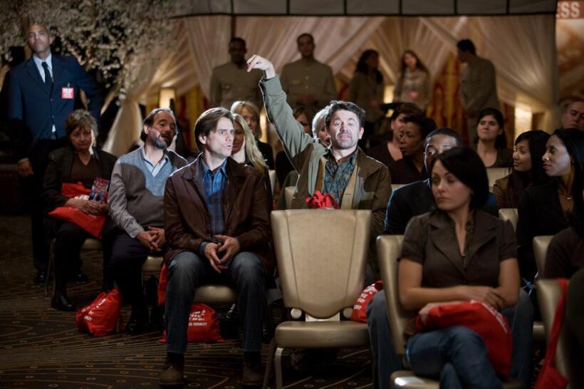 Jim Carrey as Carl and John Michael Higgins as Nick in "Yes Man."