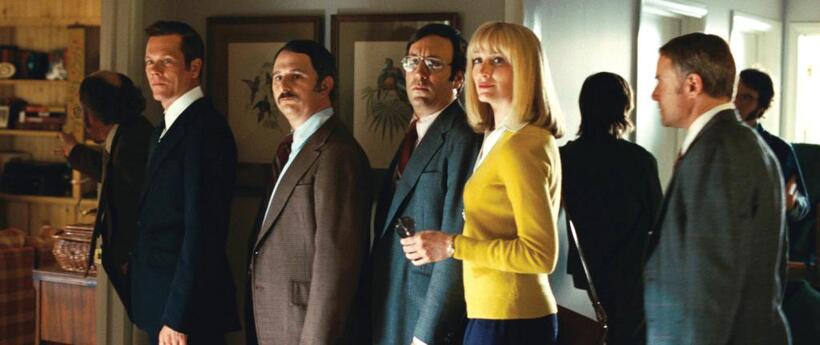 Kevin Bacon as Colonel Jack Brennan, Andy Milder as Frank Gannon, Gabriel Jarret as Ken Khachigian, Kate Jennings Grant as Diane Sawyer and Jim Meskimen as Ray Price in "Frost/Nixon."