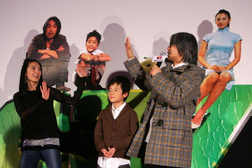 Actors Zhang Yuqi, Xu Jiao and Stephen Chow at a press conference in Beijing, China, to promote "CJ7."