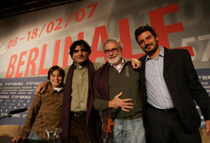 Director Cao Hamburger, actors Germano Haiut, Michel Joelsas and producer Fabiano Gullane before a press conference for "The Year My Parents Went On Vacation" during the 57th Berlin International Film Festival.
