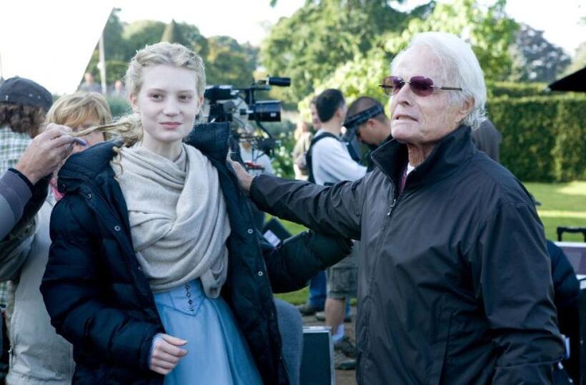 Mia Wasikowska and Richard Zanuck on the set of "Alice in Wonderland."