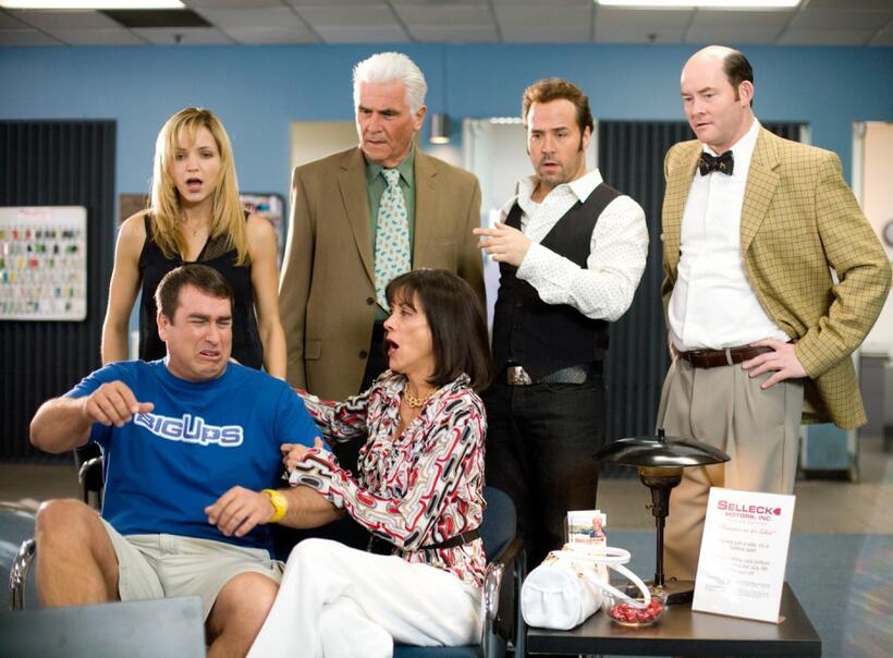Jordana Spiro as Ivy Selleck, James Brolin as Ben Selleck, Jeremy Piven as Don Ready, David Koechner as Brent Gage, Rob Riggle as Peter Selleck and Wendie Malick as Tammy in "The Goods: Live Hard. Sell Hard."