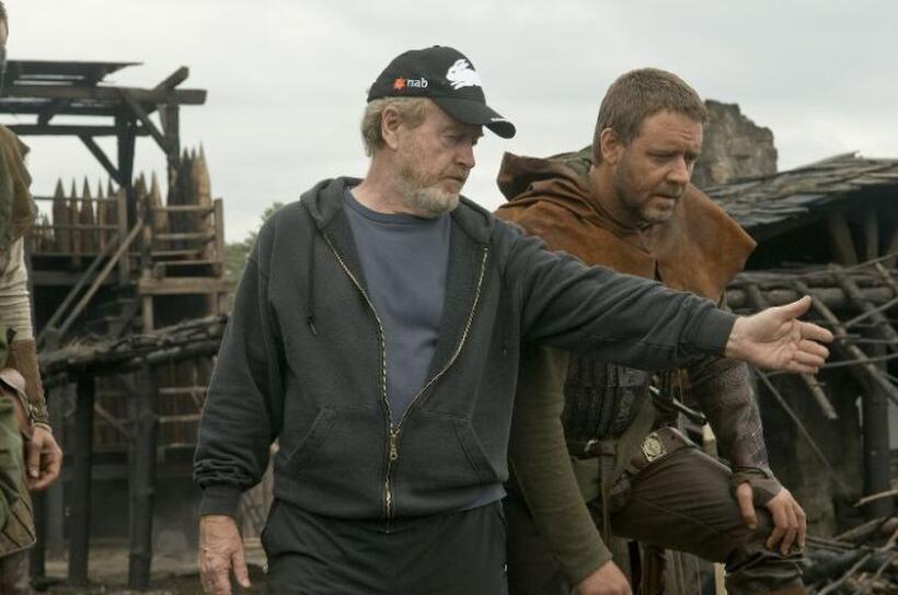 Director/producer Ridley Scott and Russell Crowe on the set of "Robin Hood."