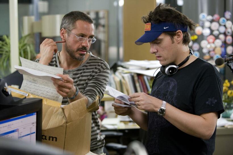 Robert Downey Jr. and director Joe Wright on the set of "The Soloist."