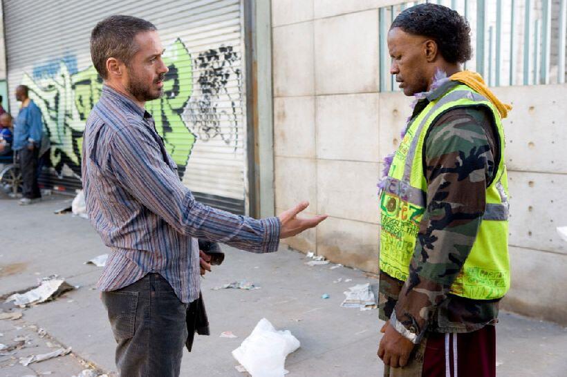 Robert Downey Jr. as Steve Lopez and Jamie Foxx as Nathaniel Ayers in "The Soloist."