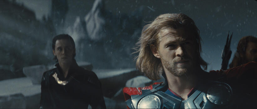 Tom Hiddleston as Loki and Chris Hemsworth as Thor in "Thor."