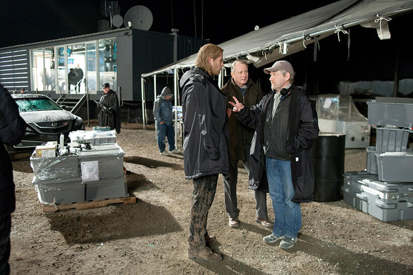 Chris Hemsworth, Stellan Skarsgard and Director Kenneth Branagh on the set of "Thor."