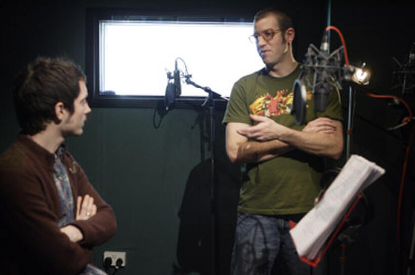 Elijah Wood and director Shane Ackner discuss a scene for "9."
