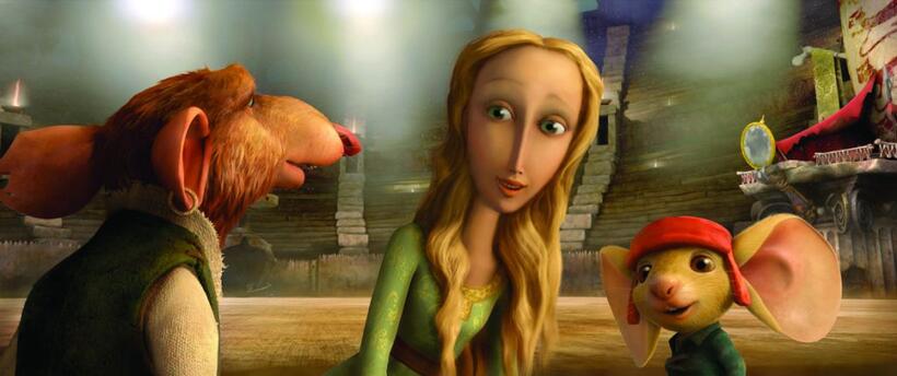 Good-hearted rat Roscuro, Princess Pea and noble mouse Despereaux in "The Tale of Despereaux."