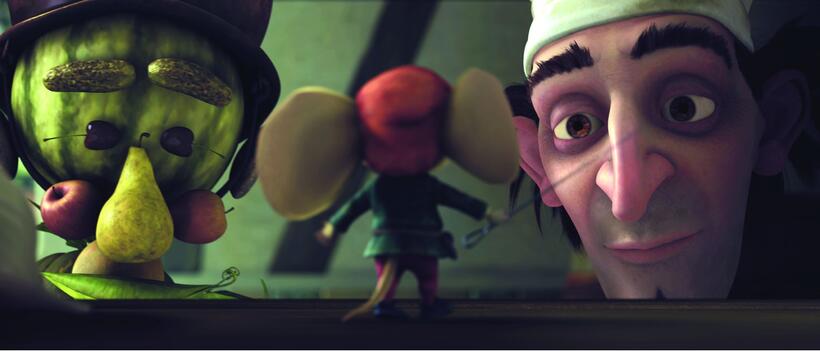 Soup genie Boldo, noble mouse Despereaux and royal chef Andre in "The Tale of Despereaux."