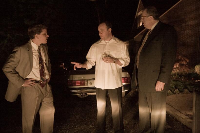 Matt Damon as Mark Whitacre, Tom Papa as Mick Andreas and Rick Overton as Terry Wilson in "The Informant!"