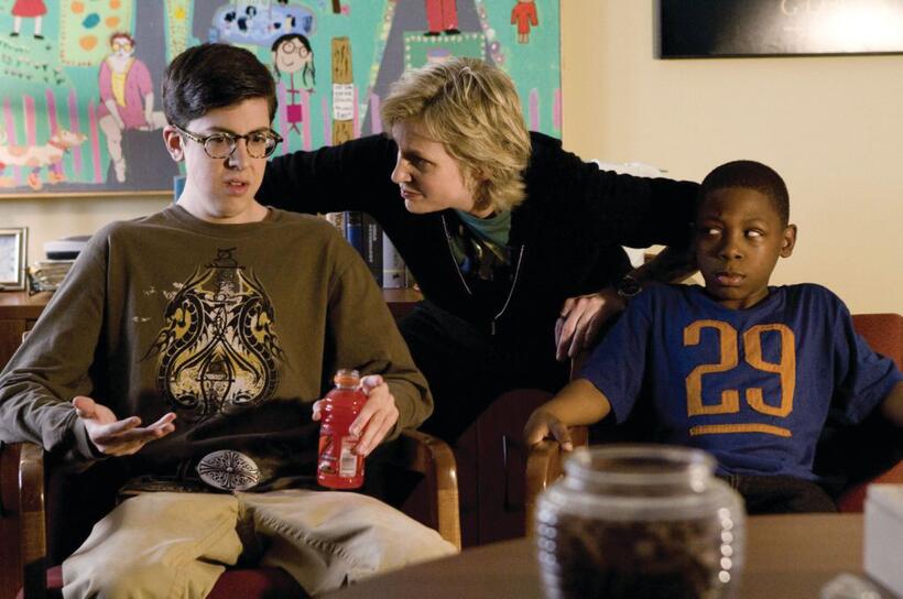 Christopher Mintz-Plasse as Augie, Jane Lynch as Sweeny and Bobb'e J. Thompson as Ronnie in "Role Models."
