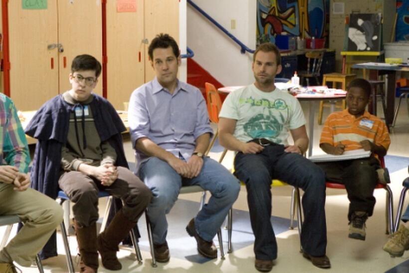 Christopher Mintz-Plasse as Augie, Paul Rudd as Danny, Seann William Scott as Wheeler and Bobb'e J. Thompson as Ronnie in "Role Models."