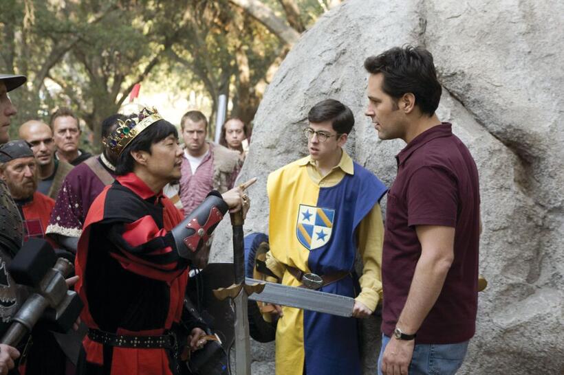 Ken Jeong as King Argotron, Christopher Mintz-Plasse as Augie and Paul Rudd as Danny in "Role Models."
