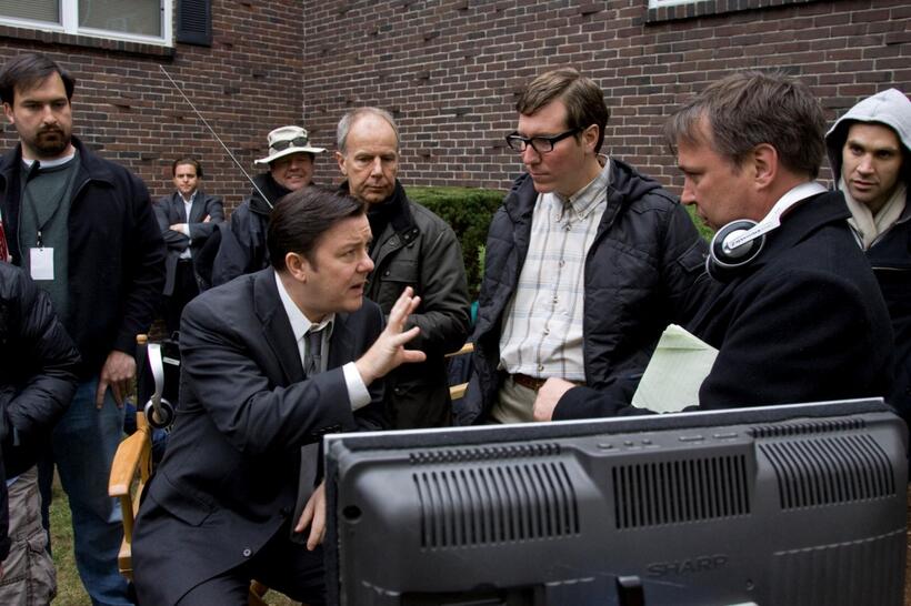 Co-Director/Co-Writer Ricky Gervais, Co-Director/Co-Writer Matthew Robinson and Script Supervisor Scott Peterson on the set of "The Invention of Lying."