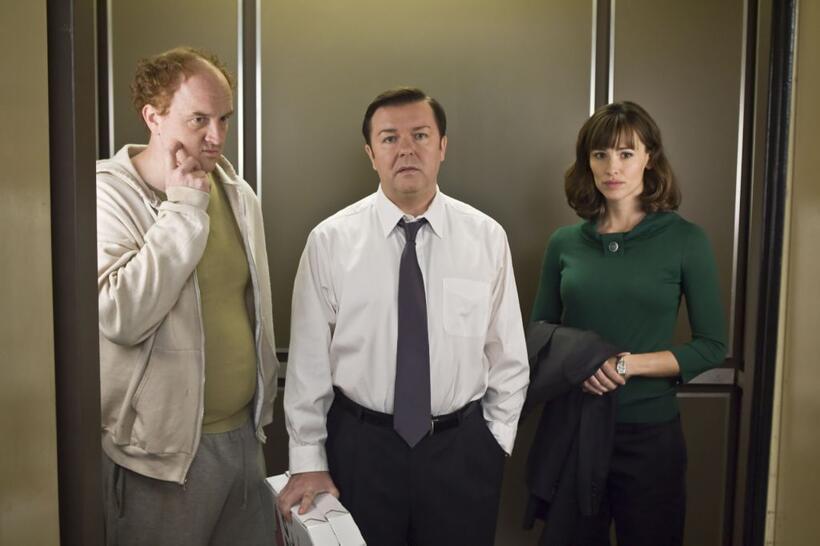 Louis C.K. as Greg, Ricky Gervais as Mark and Jennifer Garner as Anna in "The Invention of Lying."
