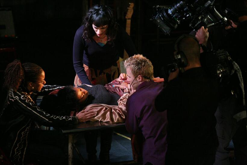 Tracie Thoms as Joanne, Renee Elise Goldsberry as Mimi, Eden Espinosa as Maureen and Will Chase as Roger in "Rent Filmed Live on Broadway."