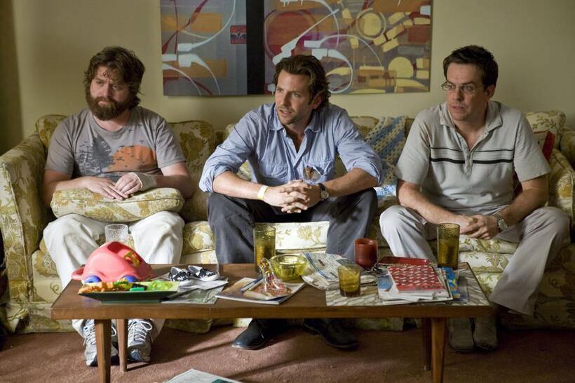 Zach Galifianakis as Alan, Bradley Cooper as Phil and Ed Helms as Stu in "The Hangover."