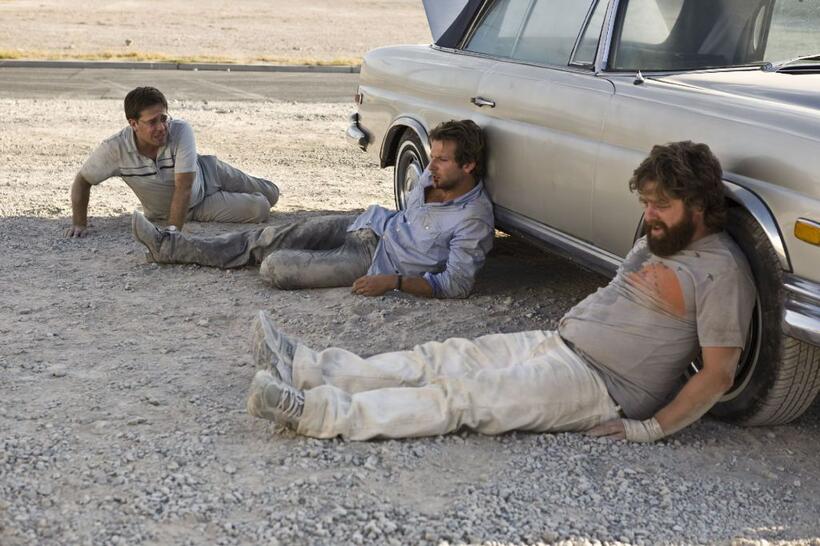 Ed Helms as Stu, Bradley Cooper as Phil and Zach Galifianakis as Alan in "The Hangover."