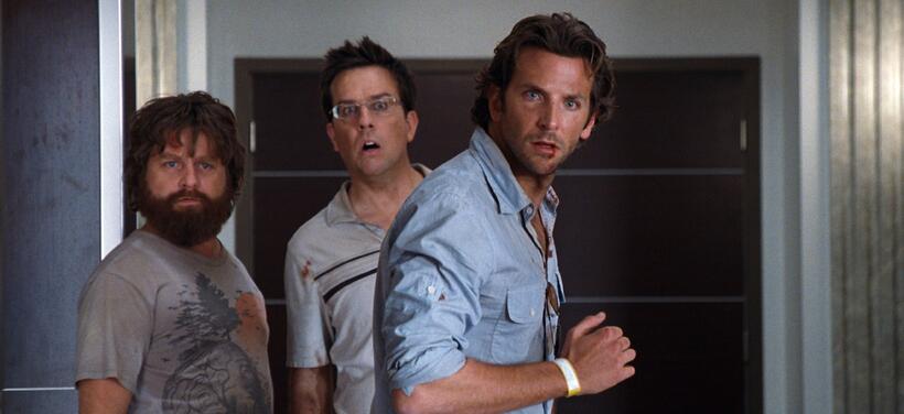 Zach Galifianakis as Alan, Ed Helms as Stu and Bradley Cooper as Phil in "The Hangover."