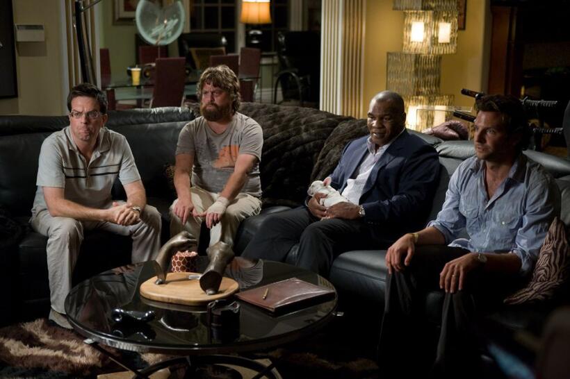 Ed Helms as Stu, Zach Galifianakis as Alan, Mike Tyson as himself and Bradley Cooper as Phil in "The Hangover."