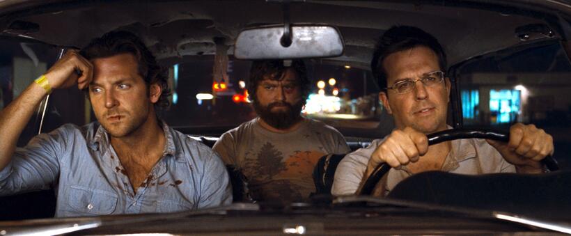 Bradley Cooper as Phil, Zach Galifianakis as Alan and Ed Helms as Stu in "The Hangover."