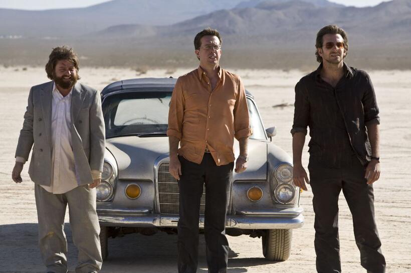 Zach Galifianakis as Alan, Ed Helms as Stu and Bradley Cooper as Phil in "The Hangover."