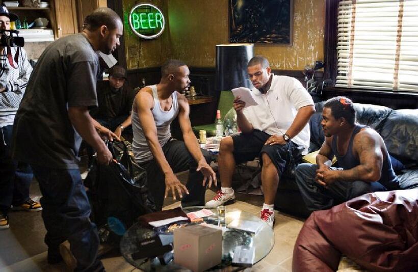 Mike Epps, Wood Harris, Director Benny Boom and Malik Barnhardt on the set of "Next Day Air."