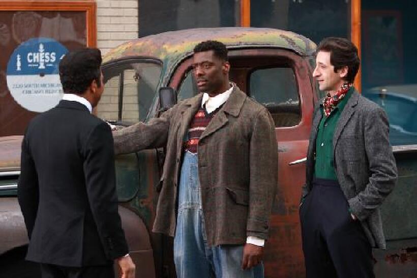 Jeffrey Wright as Muddy Waters, Eamonn Walker as Howlin' Wolf and Adrien Brody as Leonard Chess in "Cadillac Records."