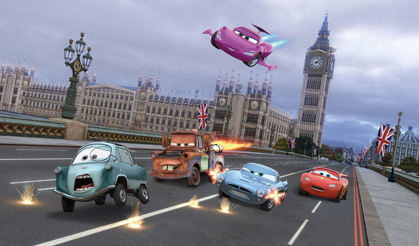 Professor Z voiced by Thomas Kretschmann, Mater voiced by Larry the Cable Guy, Holley Shiftwell voiced by Emily Mortimer, Finn McMissile voiced by Michael Caine, Lightning McQueen voiced by Owen Wilson in "Cars 2."