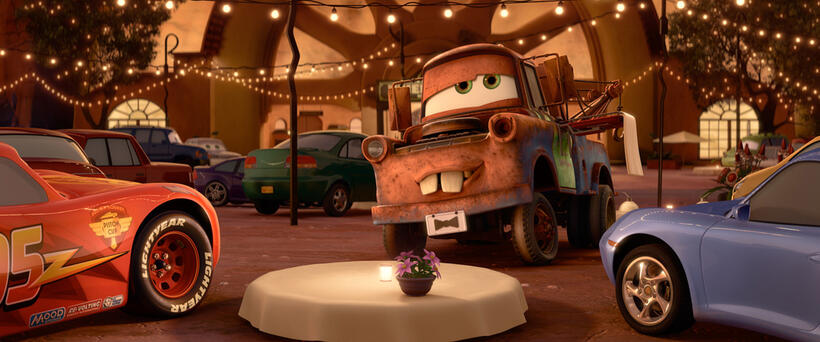 Lightning McQueen voiced by Owen Wilson, Mater voiced by Larry the Cable Guy and Sally voiced by Bonnie Hunt in "Cars 2."