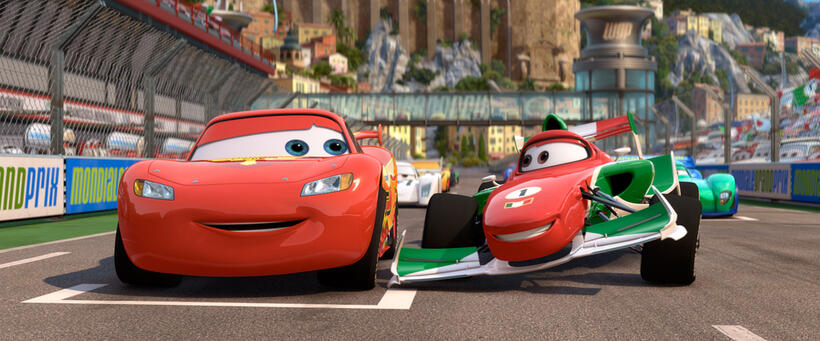 Lightning McQueen voiced by Owen Wilson and Francesco Bernoulli voiced by John Turturro in "Cars 2."