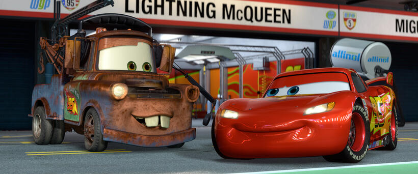 Mater voiced by Larry the Cable Guy and Lightning McQueen voiced by Owen Wilson in "Cars 2."