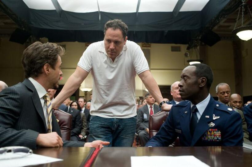 Robert Downey Jr. , Jon Favreau and Don Cheadle on the set of "Iron Man 2."