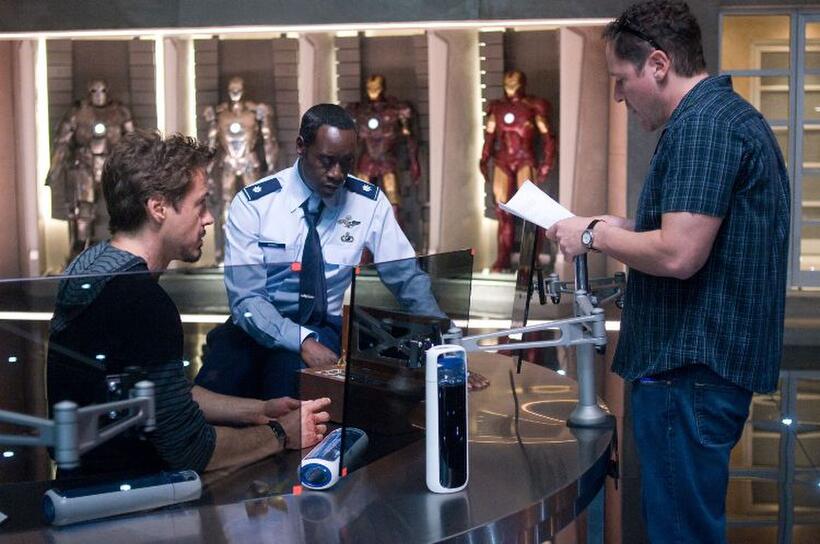 Robert Downey Jr., Don Cheadle and director/executive producer Jon Favreau on the set of "Iron Man 2."