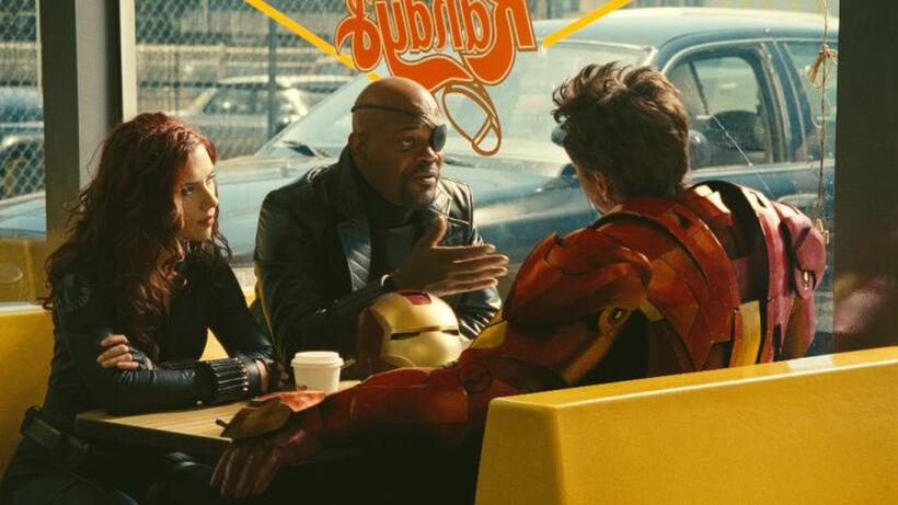 Scarlett Johansson as Natasha Romanoff, Samuel L. Jackson as Nick Fury and Robert Downey Jr. as Tony Stark in "Iron Man 2."