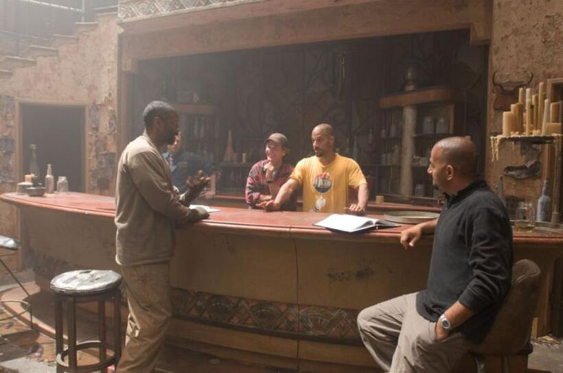 Denzel Washington, Don Burgess, Director Albert Hughes and Director Allen Hughes on the set of "The Book of Eli."