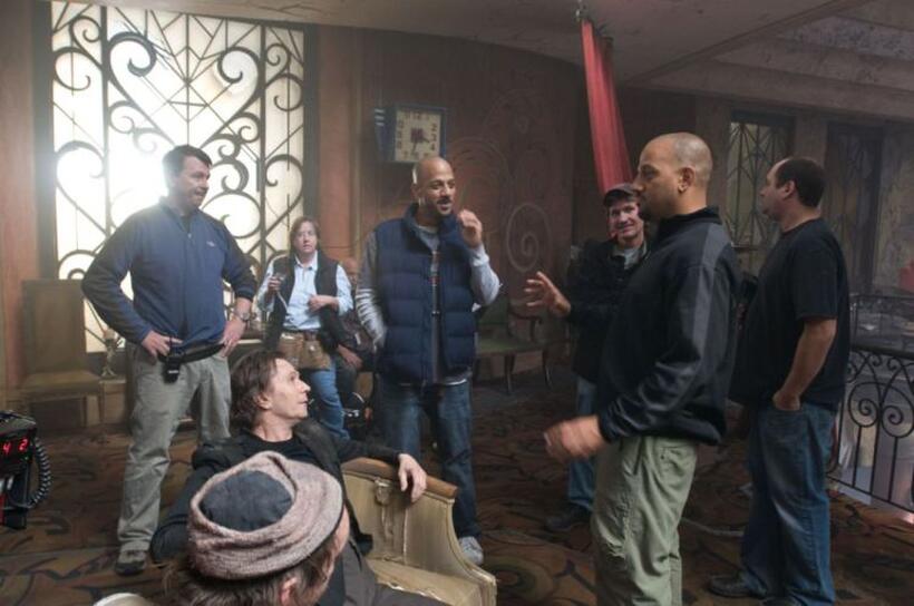 Jeffrey J.P. Wetzel, Gary Oldman, Geordie Sheffer, Director Albert Hughes, Don Burgess, Director Allen Hughes and Nick Shuster on the set of "The Book of Eli."