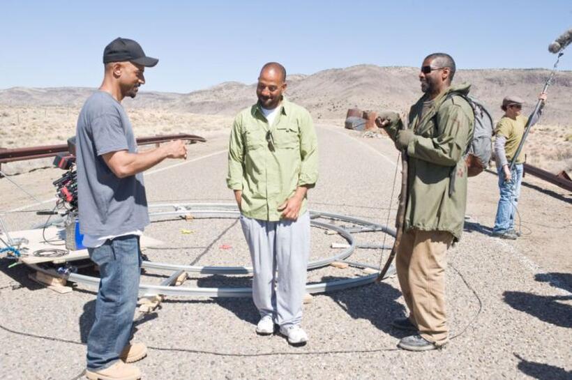 Directors Albert Hughes, Allen Hughes and Denzel Washington on the set of "The Book of Eli."