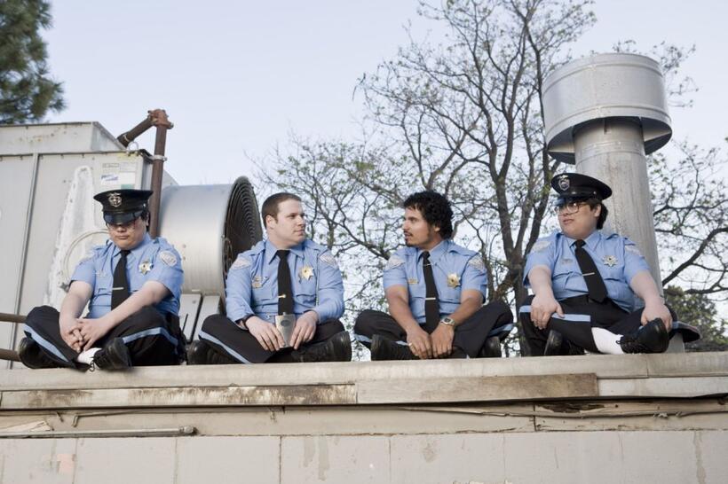 John Yuan as John Yuen, Seth Rogen as Ronnie, Michael Pena as Dennis and Matt Yuan as Matt Yuen in "Observe and Report."