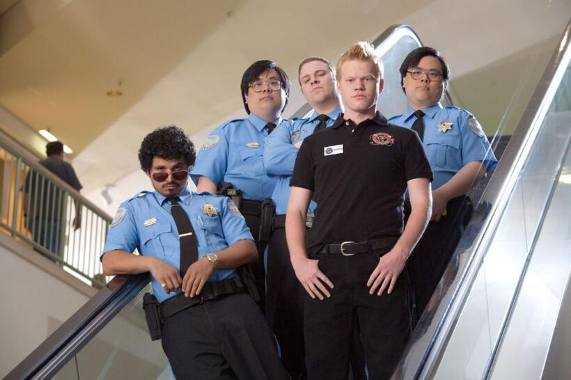 Michael Pena as Dennis, John Yuan as John Yuen, Seth Rogen as Ronnie, Jesse Plemons as Charles and Matt Yuan as Matt Yuen in "Observe and Report."