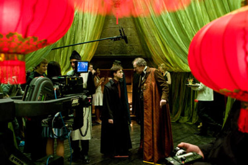 Daniel Radcliffe and Jim Broadbent on the set of "Harry Potter and the Half-Blood Prince."