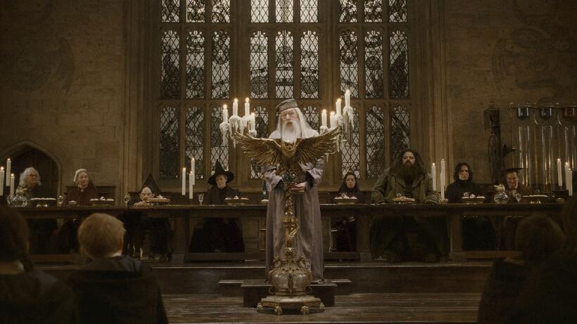 Gemma Jones as Madam Pomfrey, Warwick Davis as Professor Filius Flitwick, Maggie Smith as Professor Minerva Mcgonagall, Michael Gambon as Professor Albus Dumbledore, Robbie Coltrane as Rubeus Hagrid, Alan Rickman as Professor Severus Snape and Jim Broadbent as Professor Horace Slughorn in "Harry Potter and the Half-Blood Prince."
