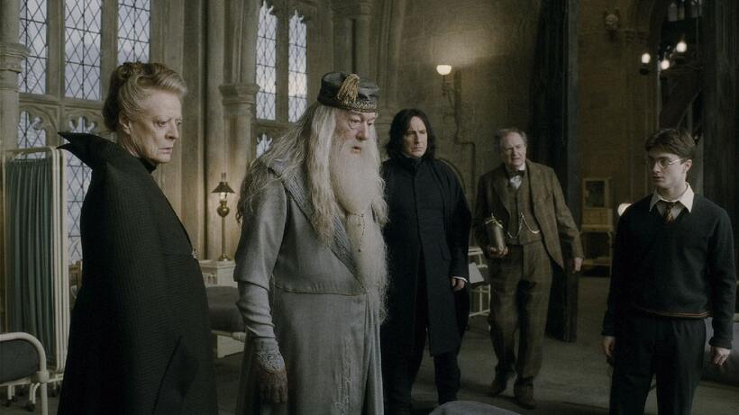 Maggie Smith as Professor Minerva Mcgonagall, Michael Gambon as Professor Albus Dumbledore, Alan Rickman as Professor Severus Snape, Jim Broadbent as Professor Horace Slughorn and Daniel Radcliffe as Harry Potter in "Harry Potter and the Half-Blood Prince."